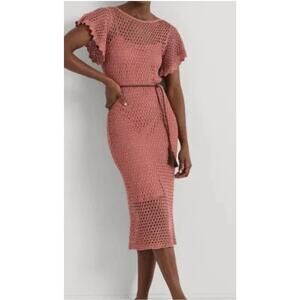 NWT $245 Lauren Ralph Lauren Linen Blend Knit Flutter Dress Tassel Belt XXL Pink